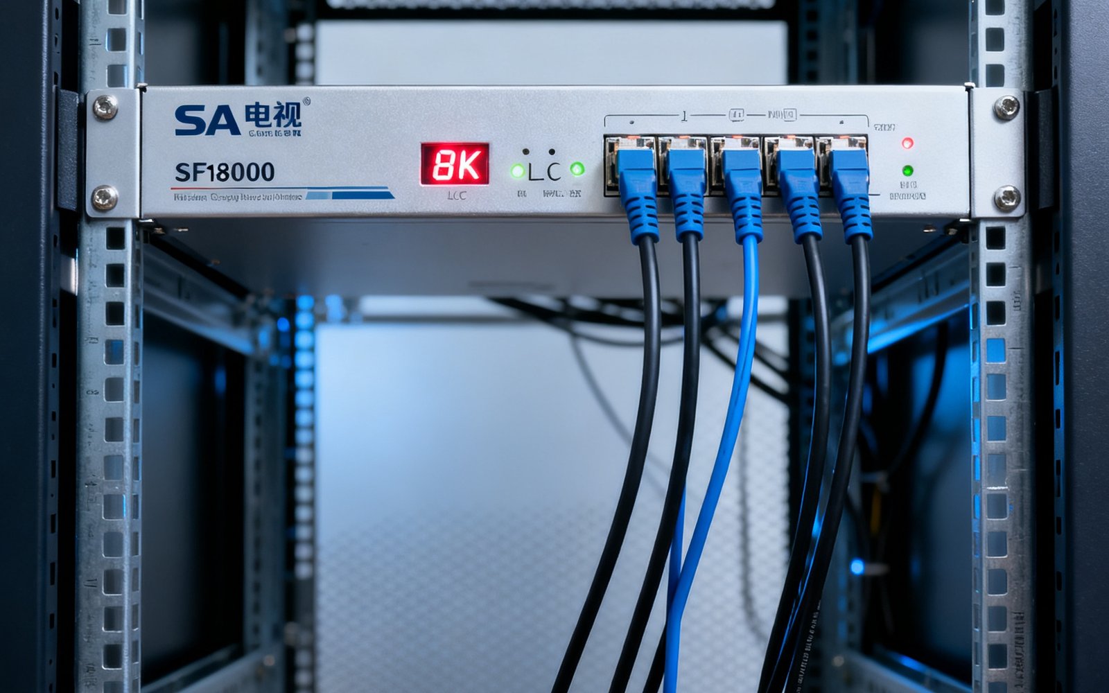SA视讯SF-8000光纤传输器在广电机房机架上的实拍图，设备面板显示8K信号指示灯亮起，LC光纤接口连接单模光纤线缆