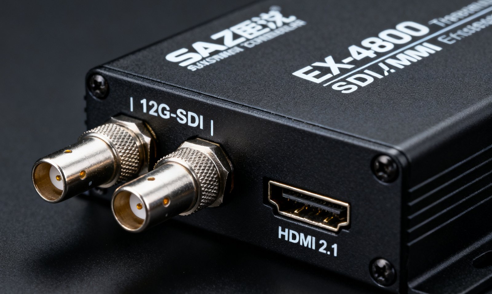 SA视讯EX-4800 SDI/HDMI信号延长器产品特写，展示12G-SDI输入输出接口和HDMI 2.1端口